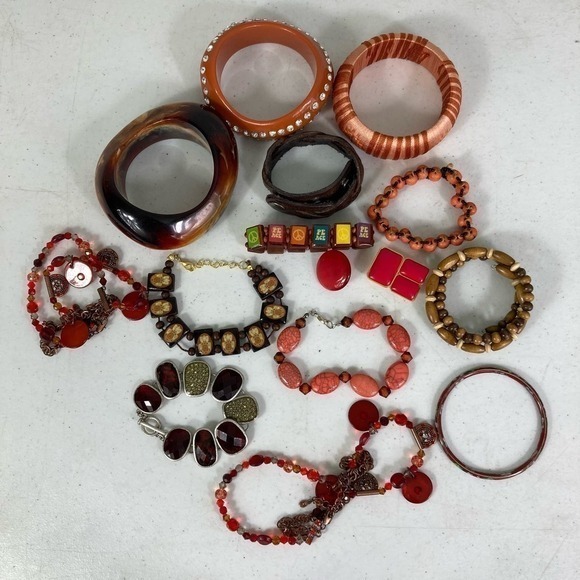 Boho Red Brown Orange Jewelry Lot Bracelets Bangles Necklaces Chunky Mixed Set - Picture 3 of 12